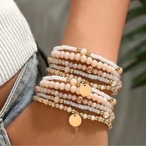 Free People Beige and Gold Beaded Bracelet Set
